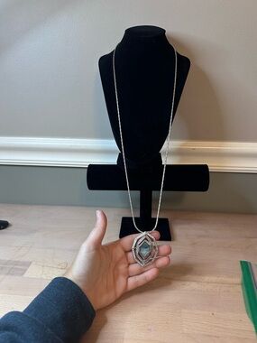 Women's Silver-Tone Pendant Necklace with Gray/Blue stone and pave crystals